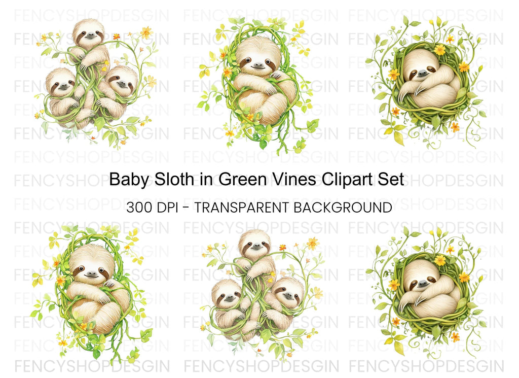 Baby Sloth in Vines Clipart Bundle