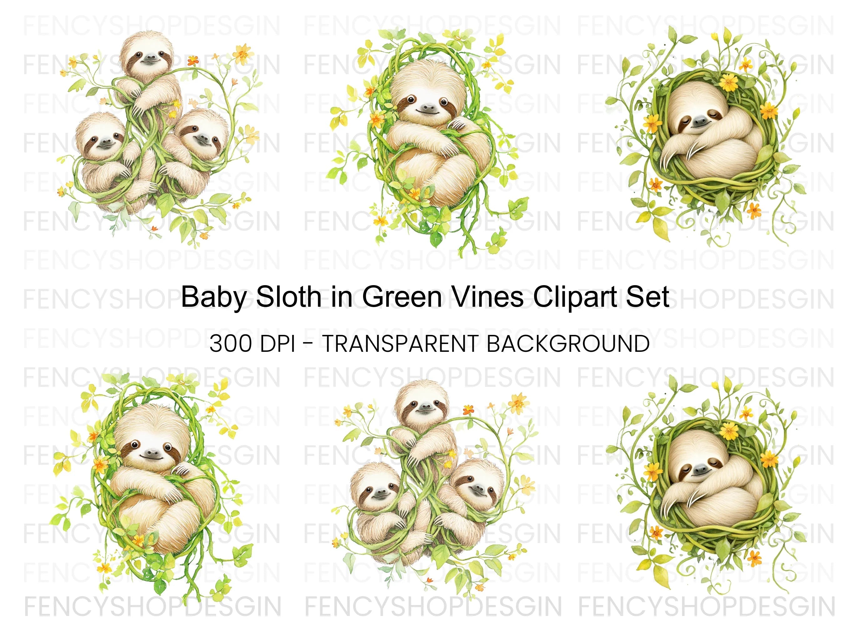 Baby Sloth in Vines Clipart Bundle