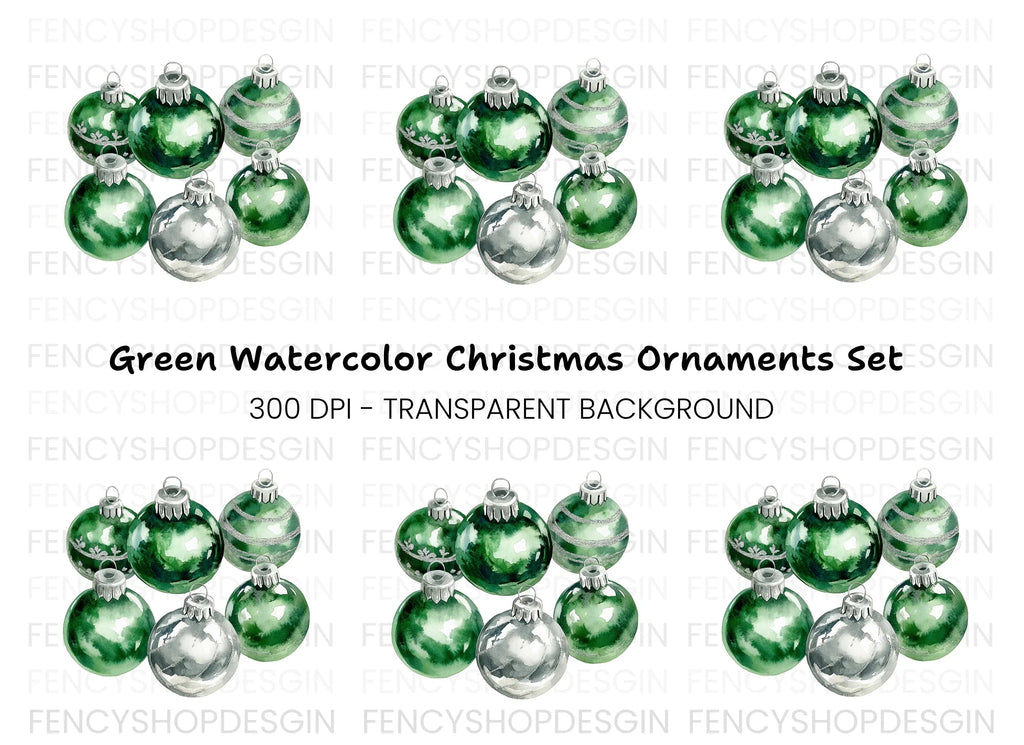Green and Silver Christmas Baubles Clipart Bundle
