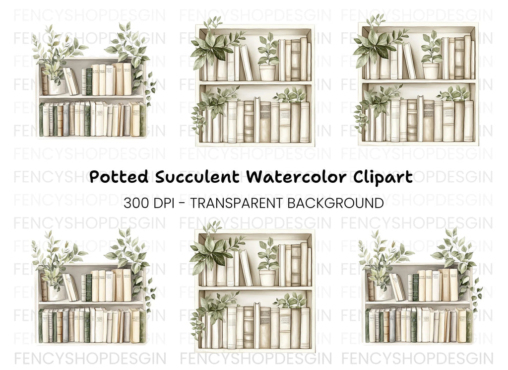 Bookshelf with Greenery Clipart Bundle