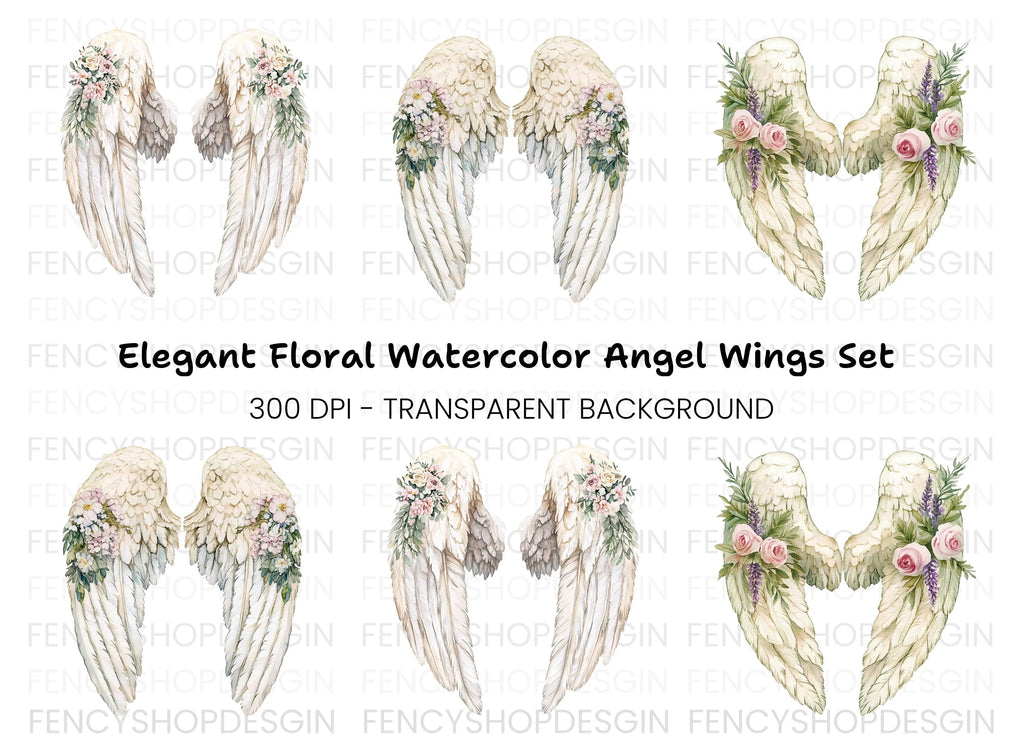 Elegant Angel Wings with Flowers Clipart Bundle