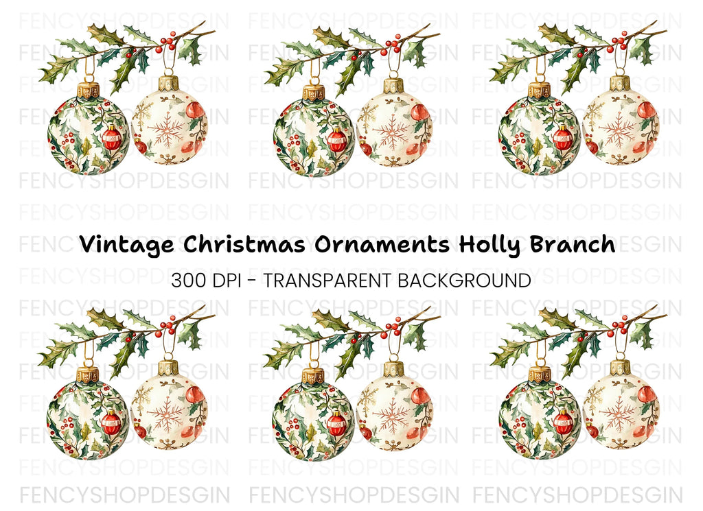 Holly Branch Christmas Ornaments Clipart Bundle