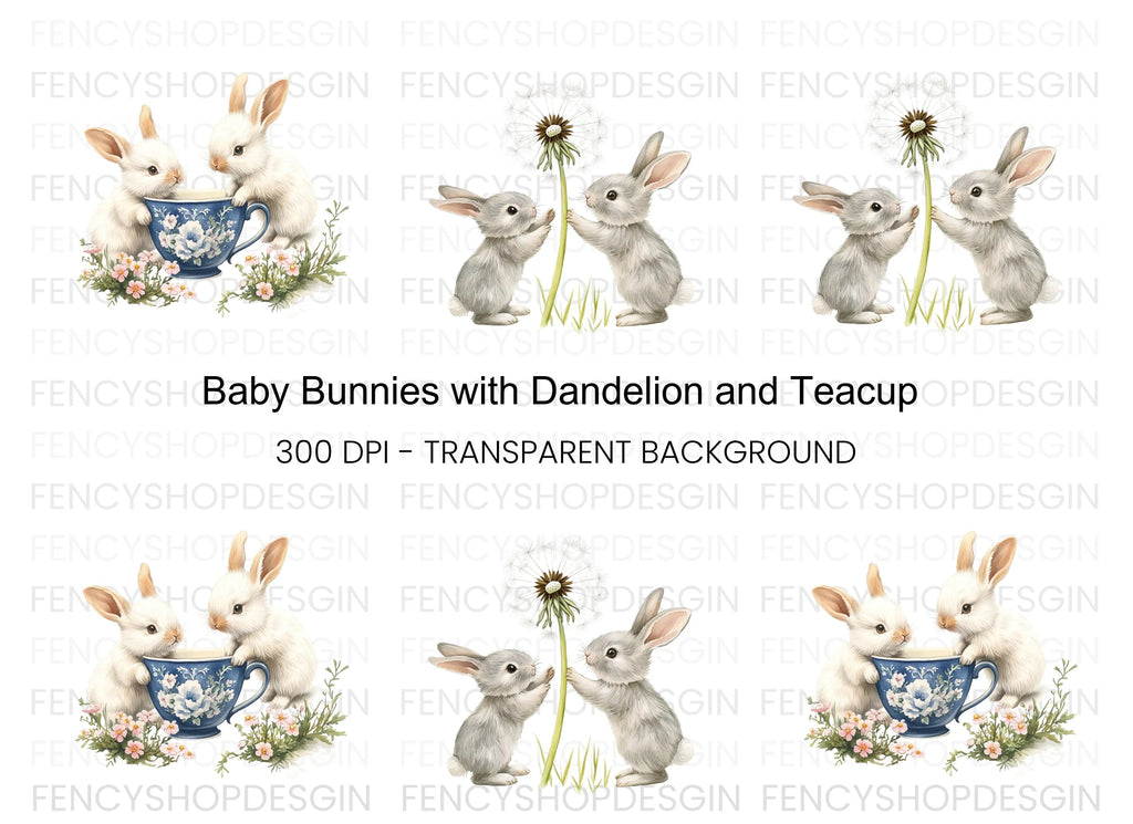 Playful Bunnies and Dandelion Clipart Bundle