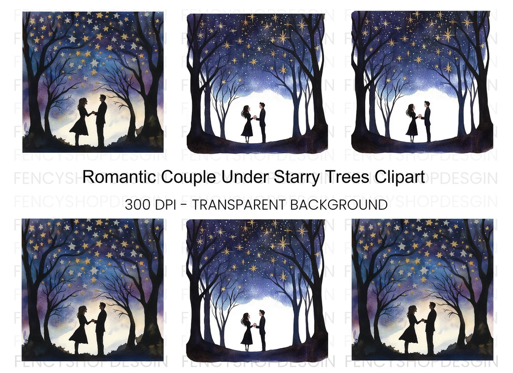 Romantic Couple Under Starry Trees Clipart Bundle