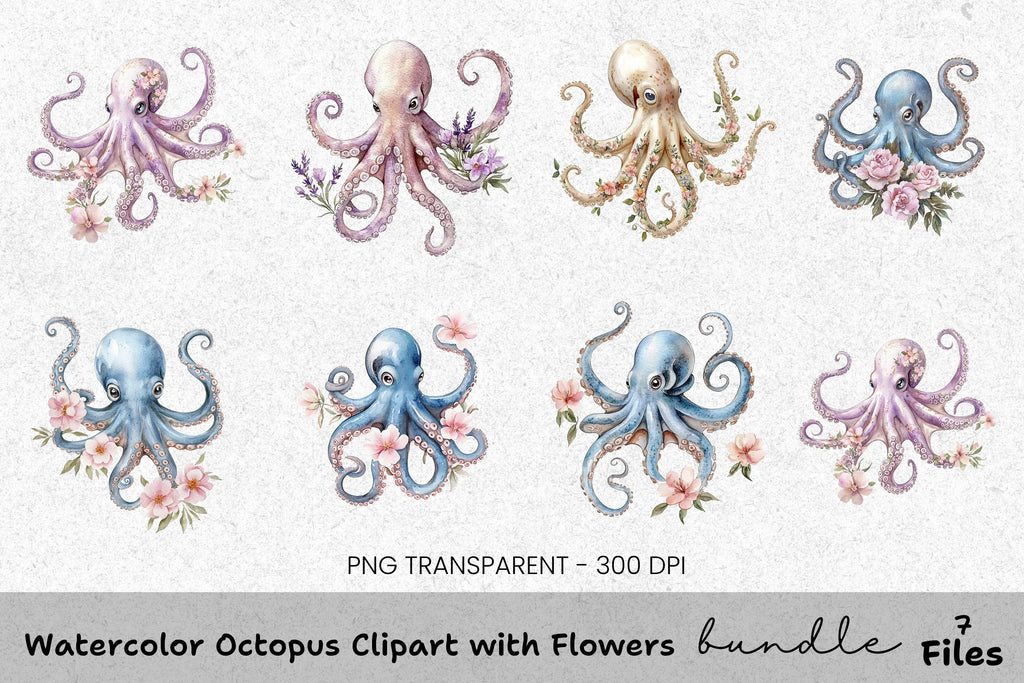Octopus with Flowers Clipart Bundle