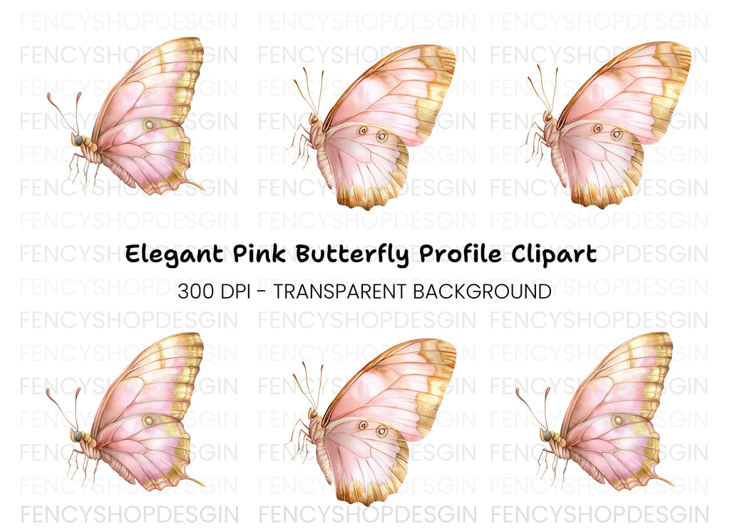 Side View Pink and Gold Butterfly Clipart Bundle
