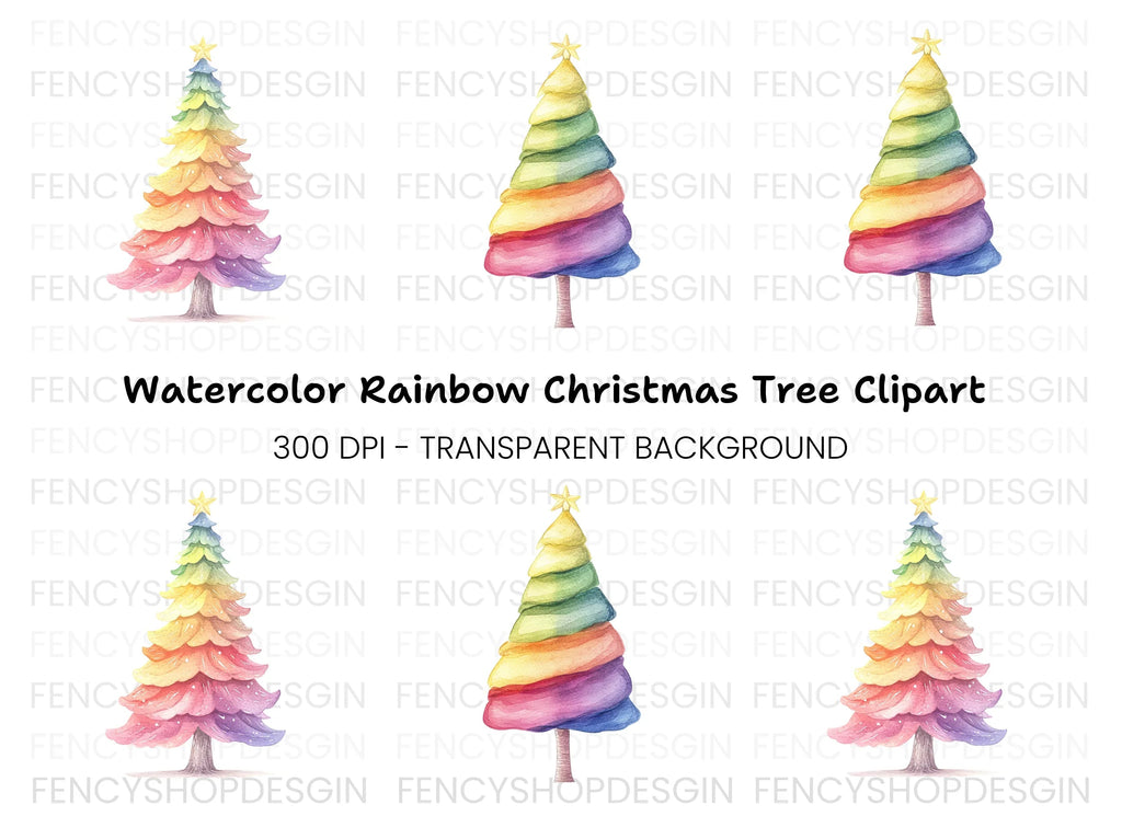 Hand Painted Rainbow Christmas Tree Clipart Bundle
