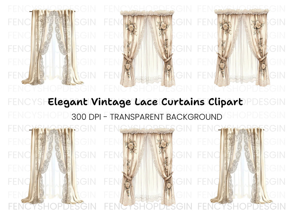Vintage Floral Lace Curtain Clipart Bundle