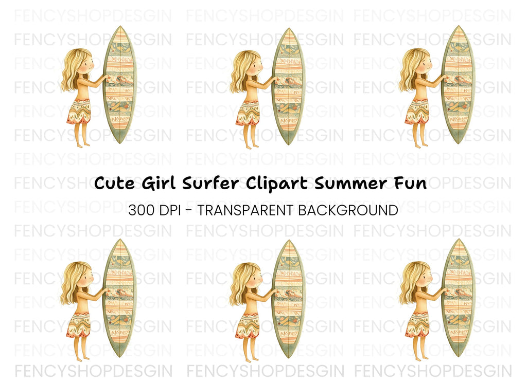 Cute Girl with Surfboard Clipart Bundle