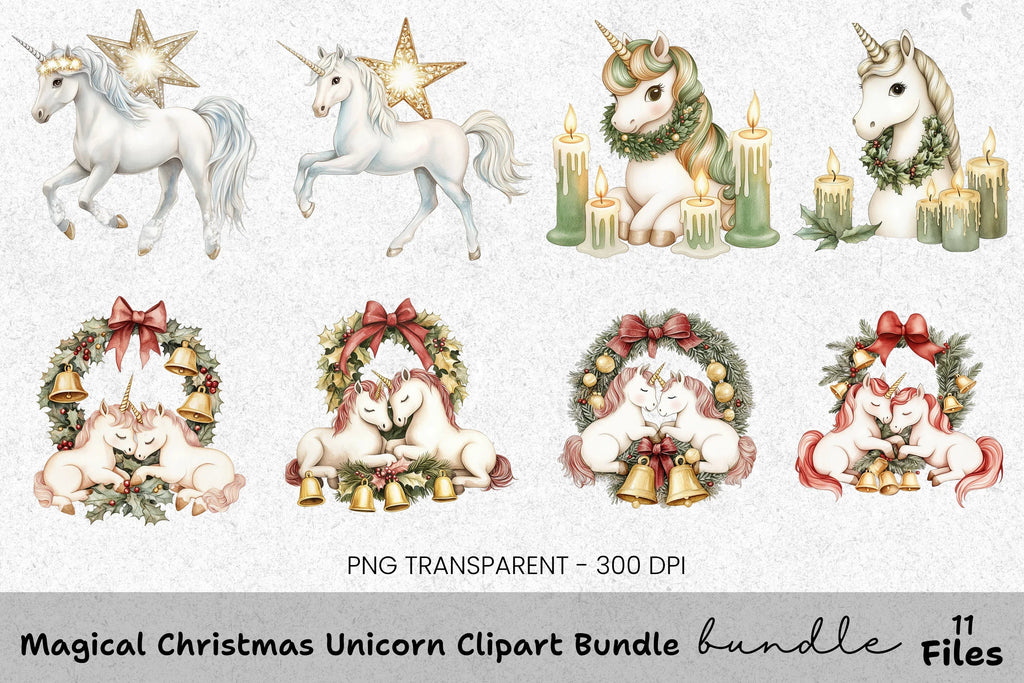 Christmas Unicorn Wreath Clipart Bundle