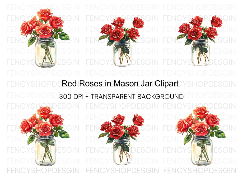 Red Roses in Mason Jars Clipart Bundle