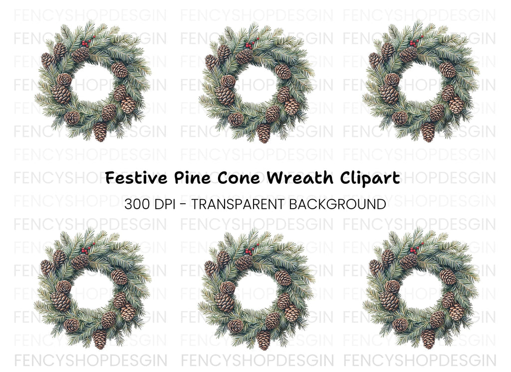 Christmas Pine Cone Wreath Clipart Bundle