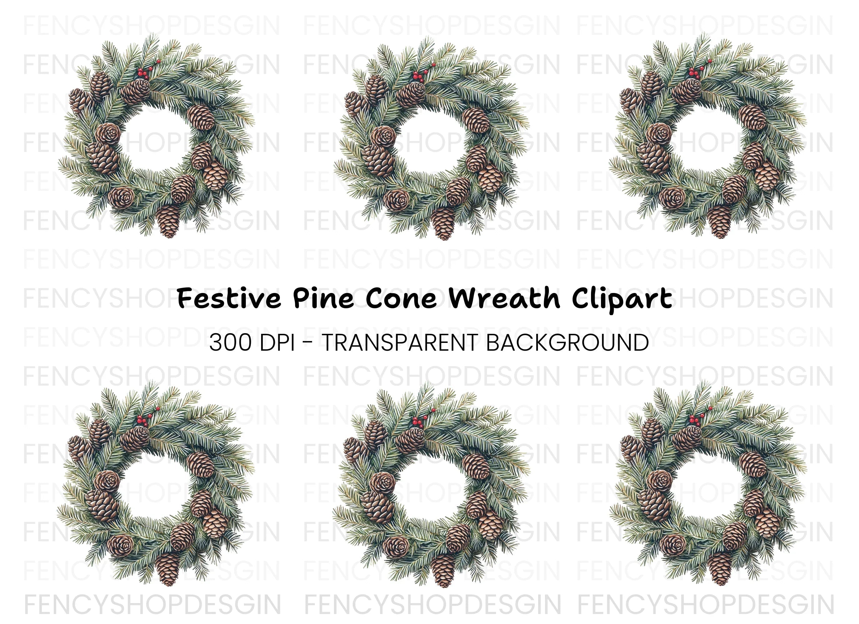 Christmas Pine Cone Wreath Clipart Bundle