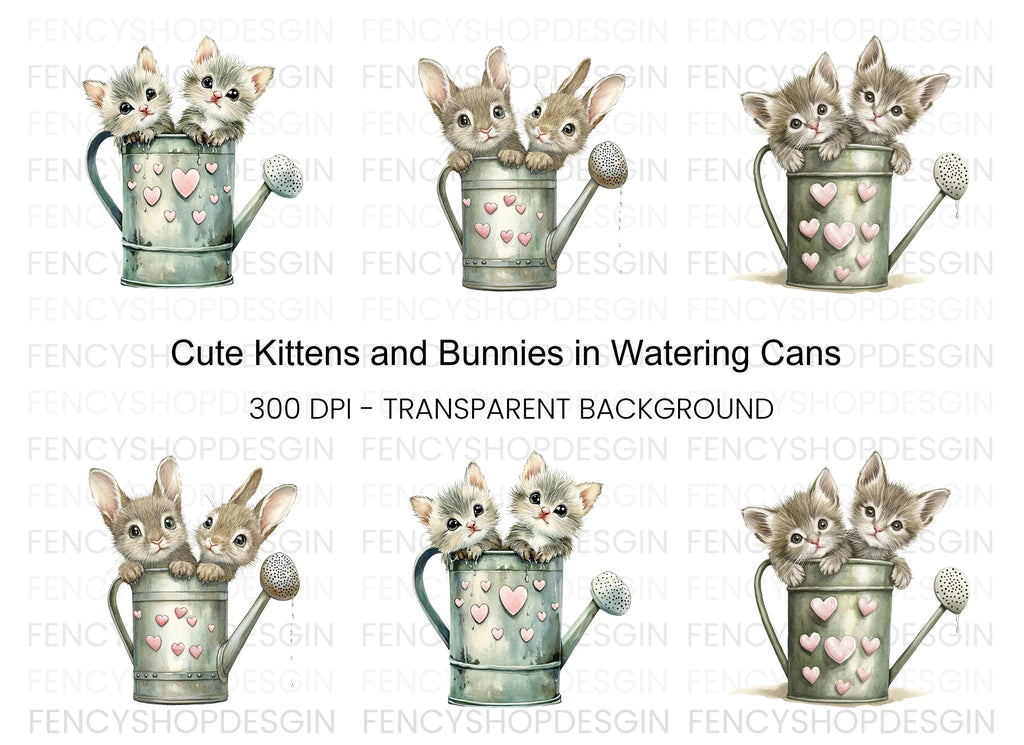 Cute Animals in Watering Cans Clipart Bundle