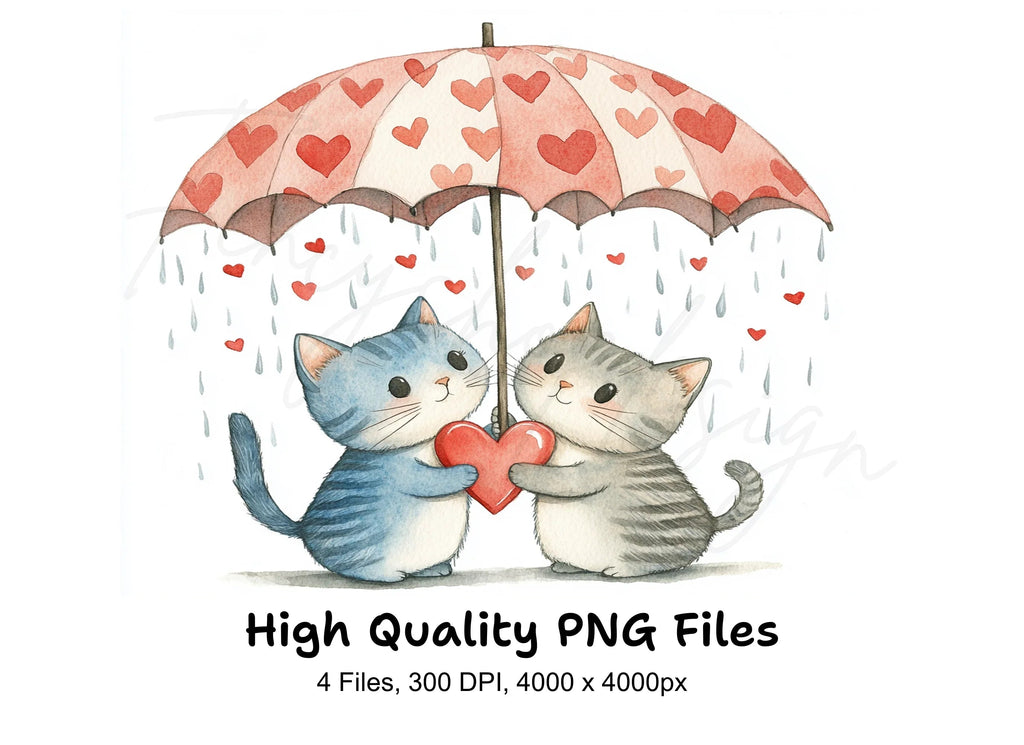 Kitten Couple Under Umbrella Clipart Bundle