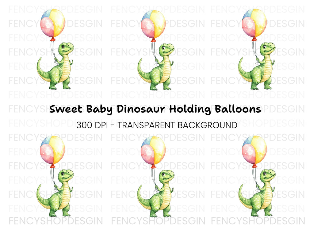 Cute Baby Dinosaur with Balloon Clipart Bundle