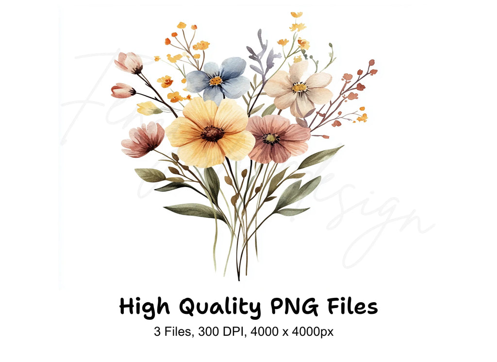 Delicate Wildflower Bouquet Illustrations Clipart Bundle
