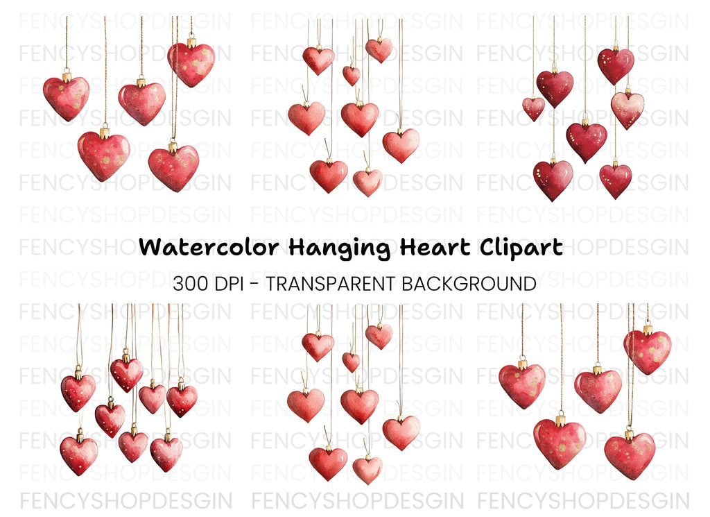 Hanging Red Heart Ornaments Clipart Bundle