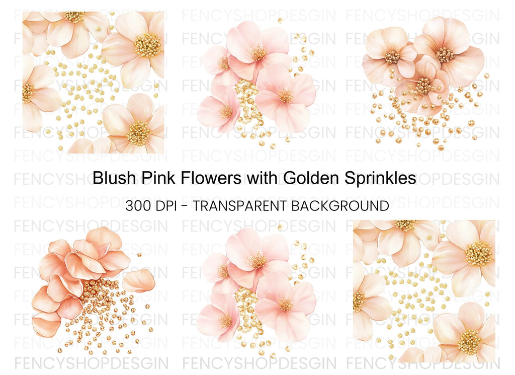 Blush Flowers Gold Glitter Clipart Bundle