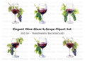 Elegant Wine Glasses with Grapes Clipart Bundle