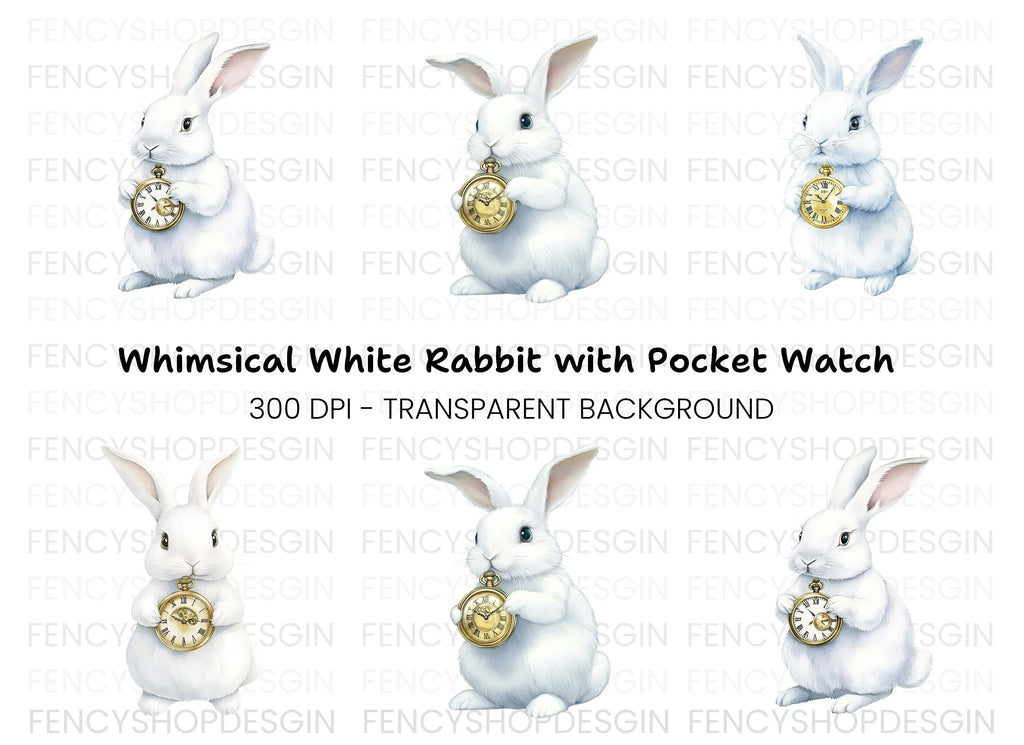 White Rabbit with Pocket Watch Clipart Bundle
