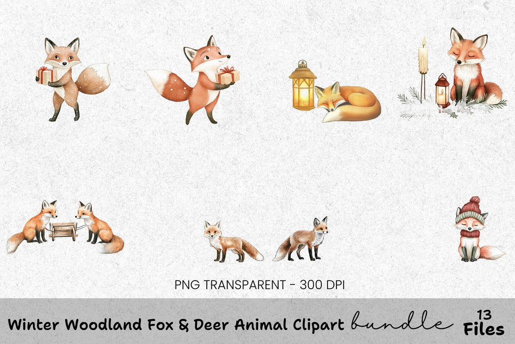 Cute Fox Winter Christmas Clipart Bundle