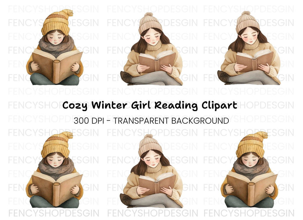 Cozy Girls Reading Books Clipart Bundle