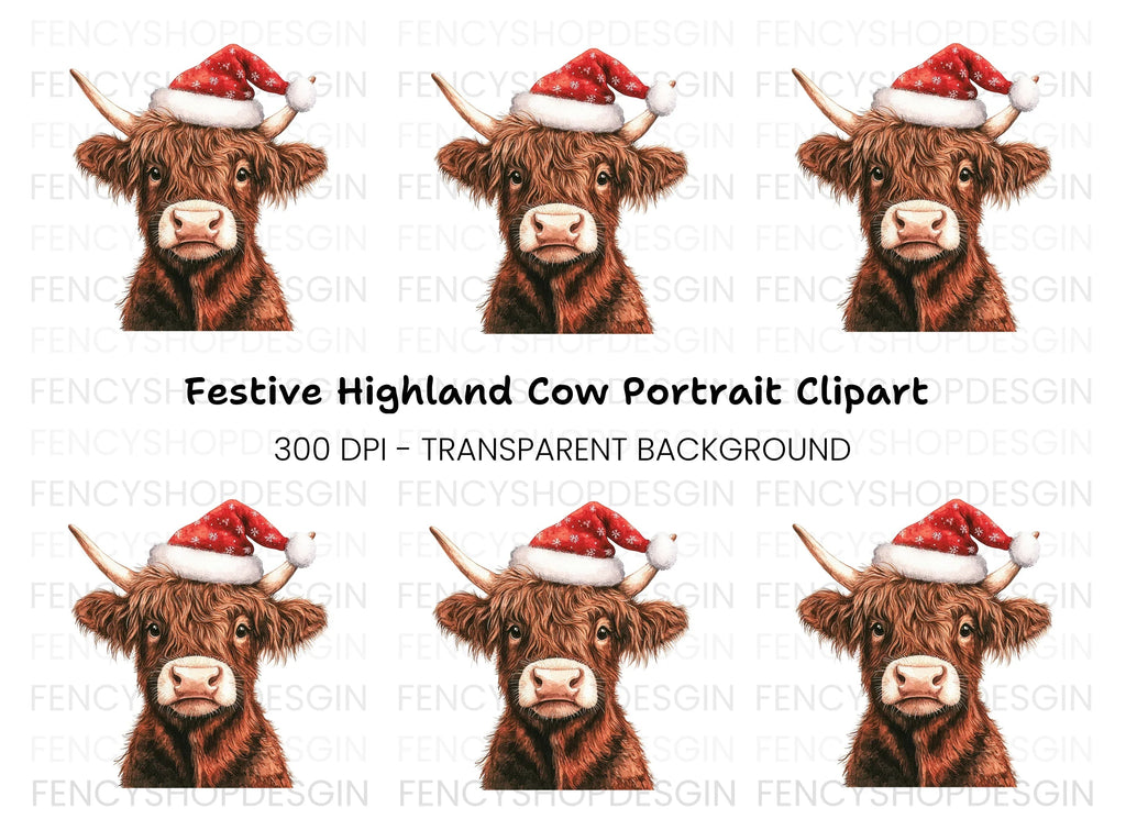 Cute Highland Cow Santa Hat Clipart Bundle