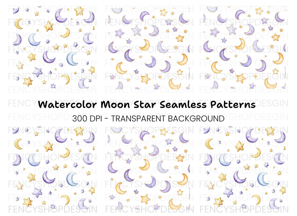 Moon and Stars Seamless Pattern Clipart Bundle