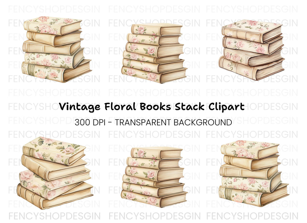 Vintage Floral Book Stacks Clipart Bundle
