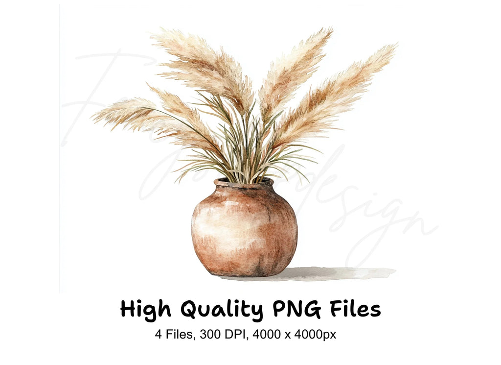 Pampas Grass in Terracotta Vase Clipart Bundle