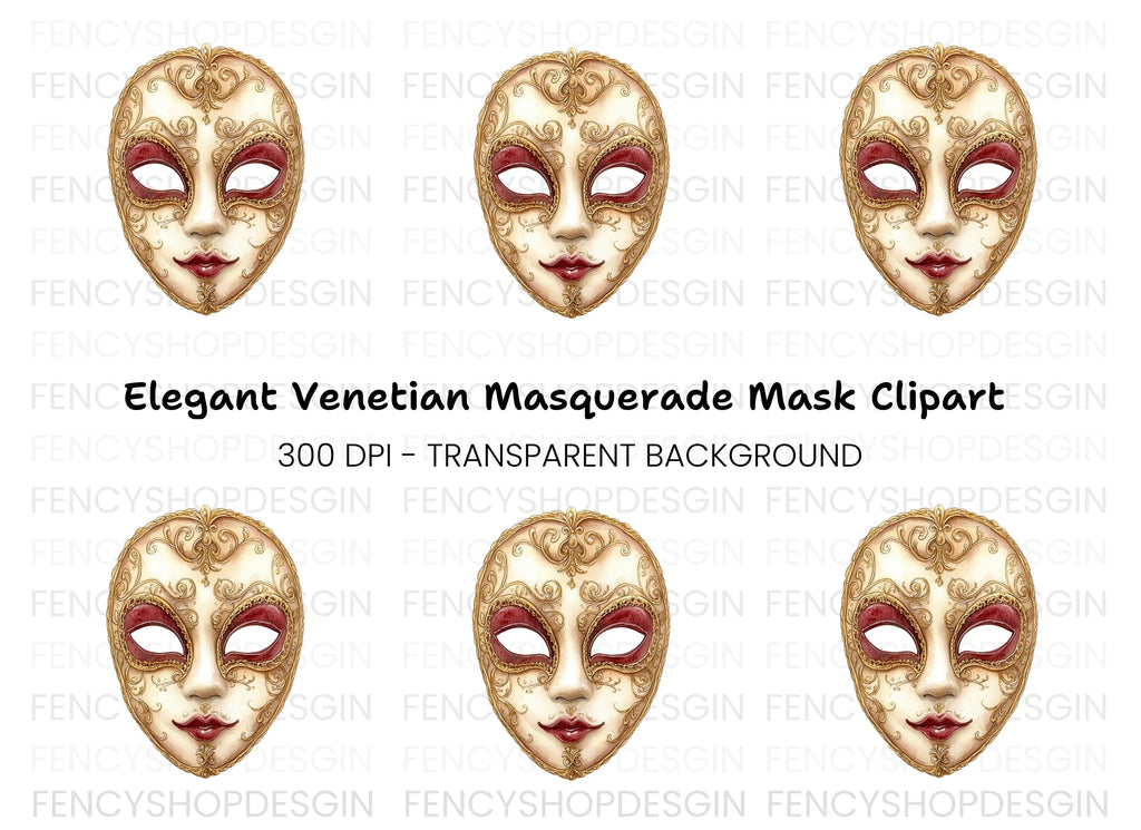 Regal Gold Red Venetian Mask Clipart Bundle