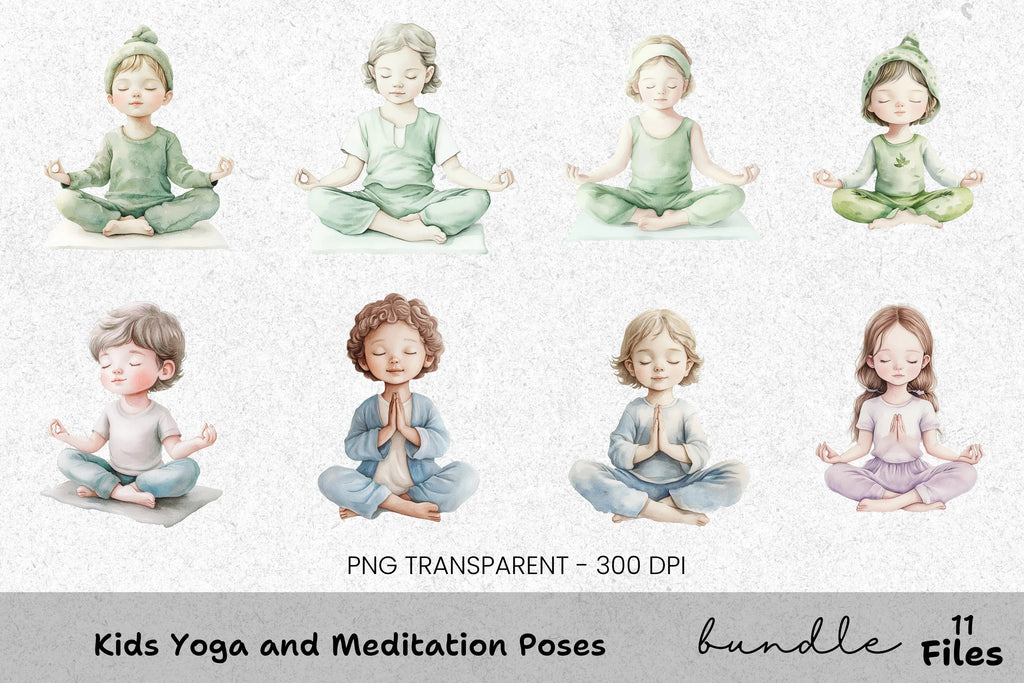 Kids Yoga and Meditation Poses Clipart Bundle
