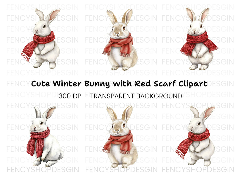 White Bunnies with Red Scarves Clipart Bundle
