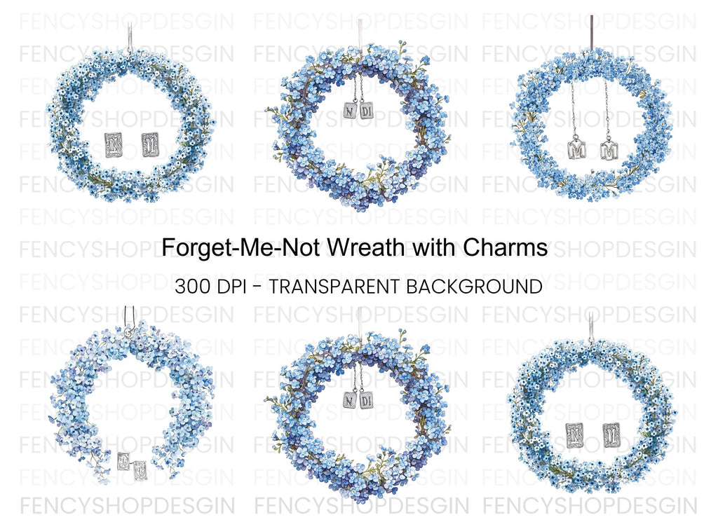 Forget Me Not Wreaths with Initials Clipart Bundle