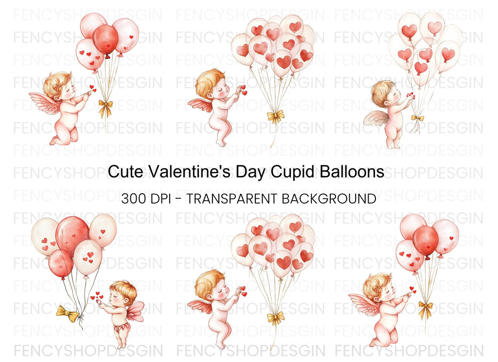 Cute Cupid with Heart Balloons Clipart Bundle