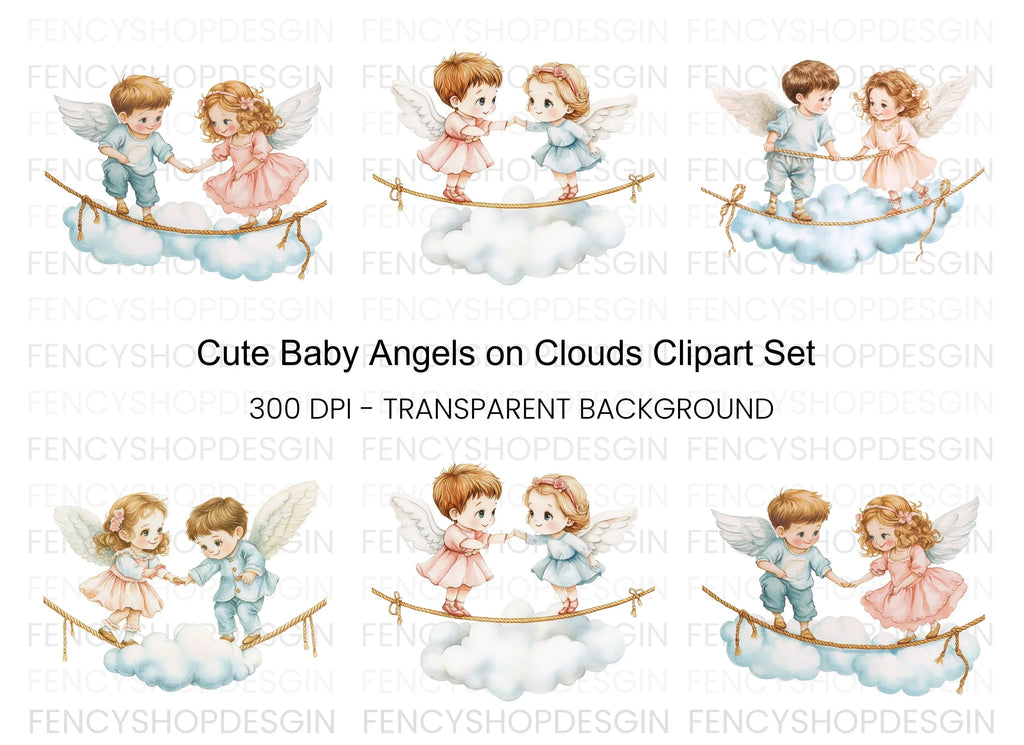 Cute Angel Couples on Cloud Clipart Bundle