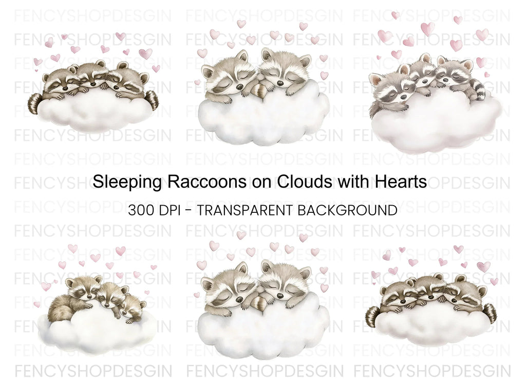 Sleeping Raccoons on Clouds Clipart Bundle