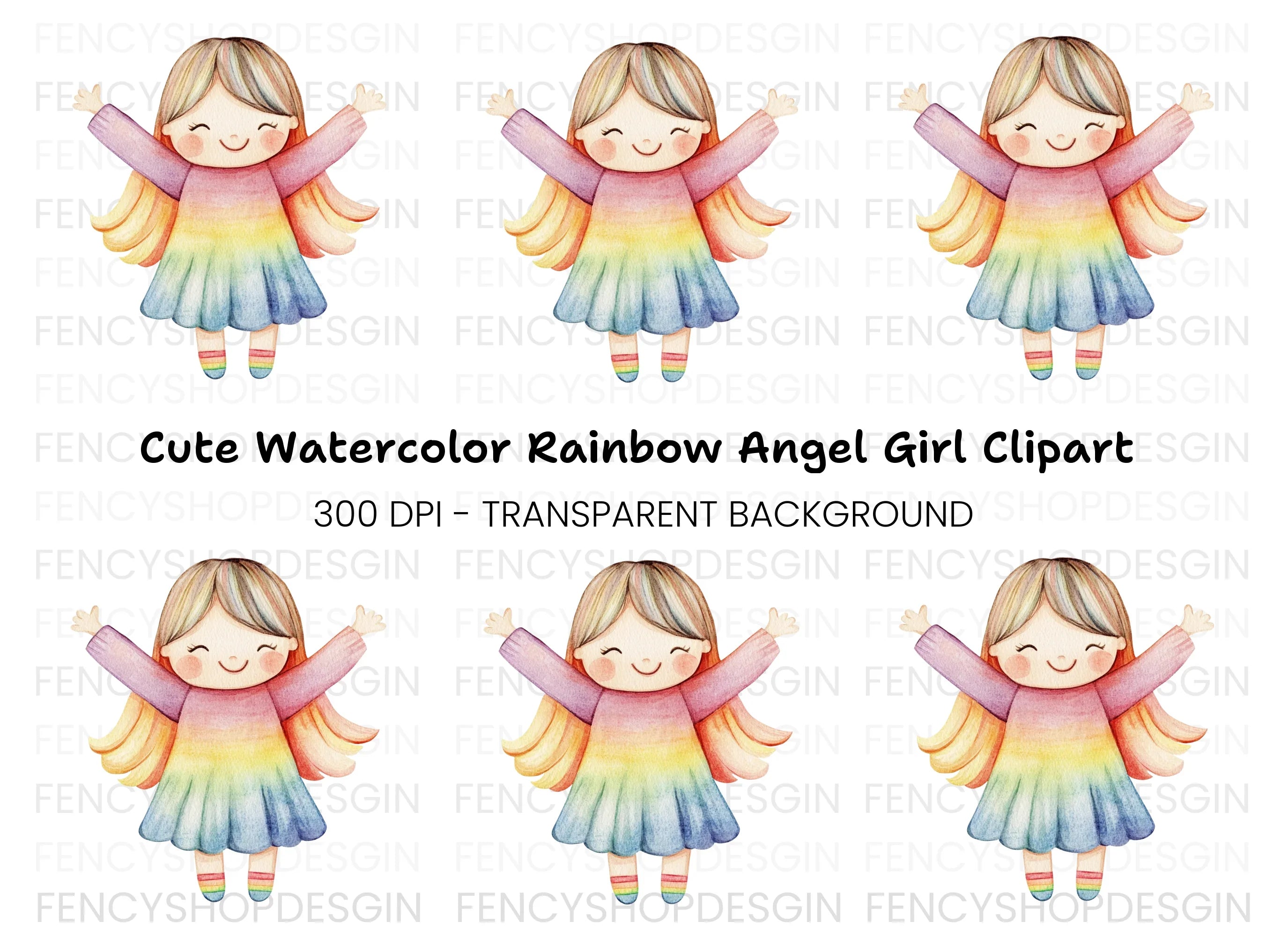 Cute Rainbow Angel Girl Clipart Bundle