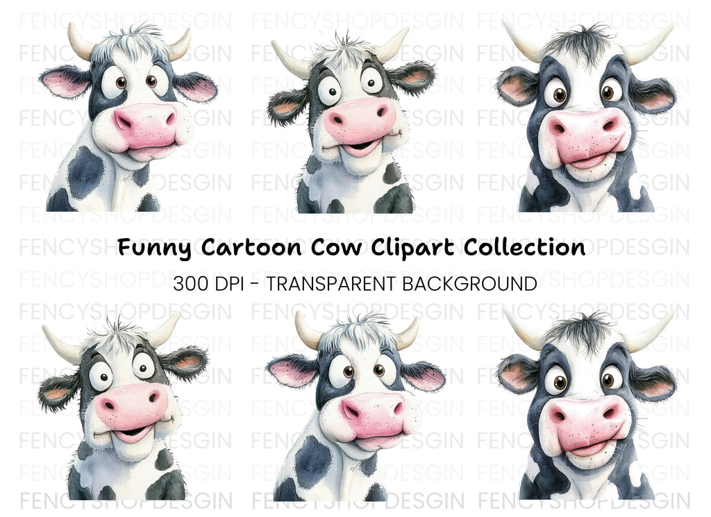 Funny Cartoon Cow Faces Clipart Bundle