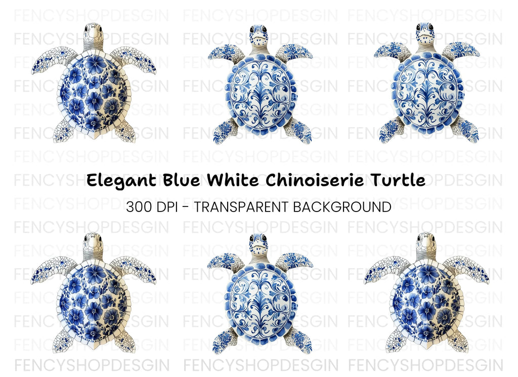 Blue White Chinoiserie Sea Turtle Clipart Bundle