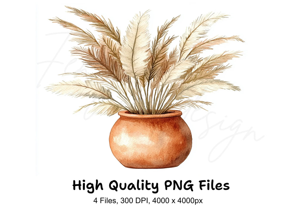Pampas Grass in Terracotta Pots Clipart Bundle