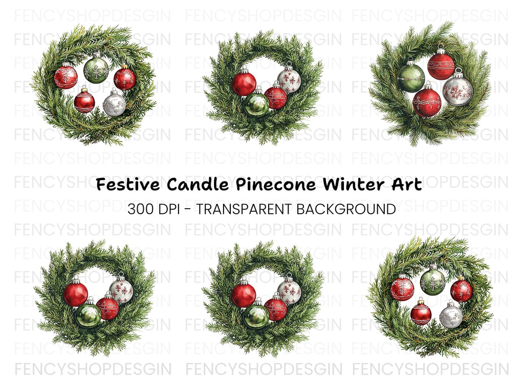 Christmas Wreaths with Ornaments Clipart Bundle