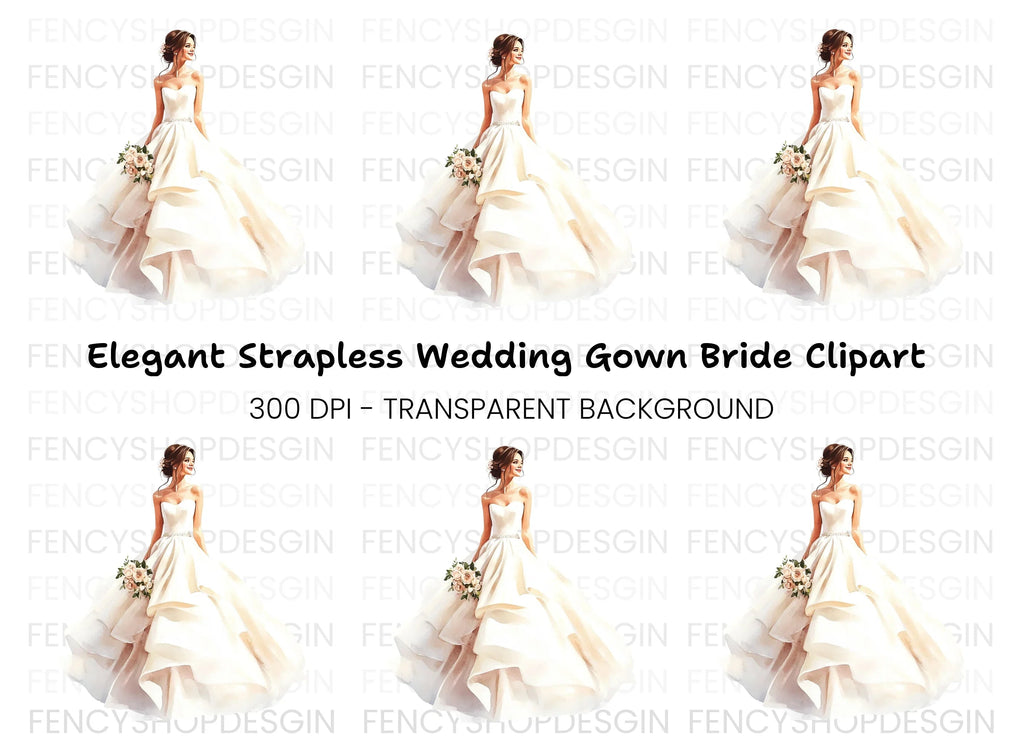 Elegant Bride in Strapless Gown Clipart Bundle