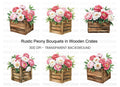 Peony Bouquets in Rustic Wooden Crates Clipart Bundle