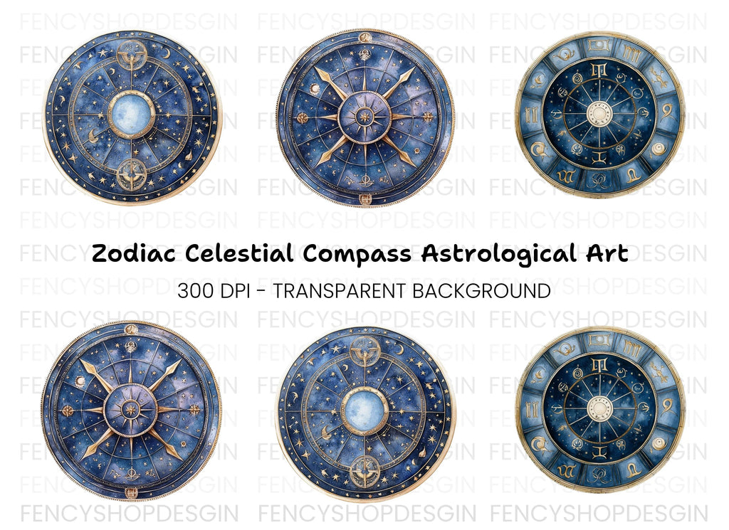 Celestial Zodiac Compass Clipart Bundle