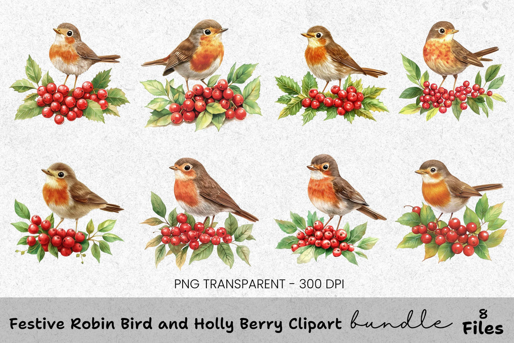 Festive Robin Bird and Holly Berry Clipart Bundle