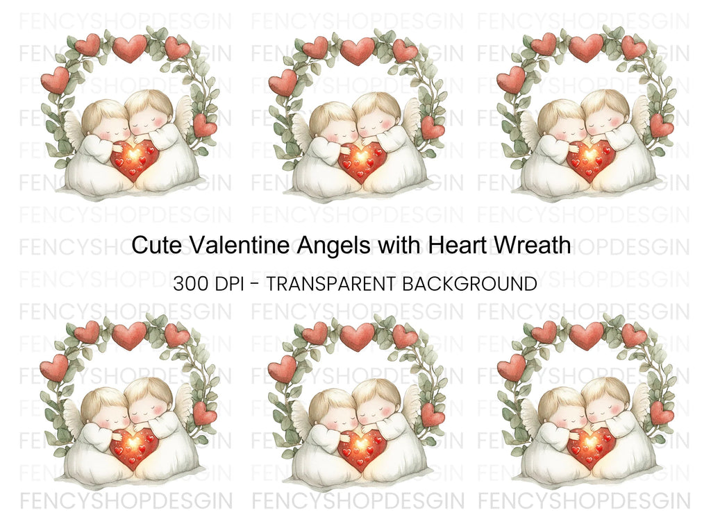 Cute Angel Couple with Heart Wreath Clipart Bundle