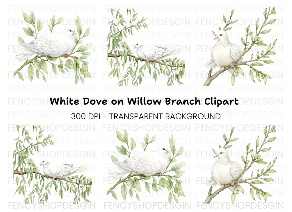 White Doves on Branches Clipart Bundle