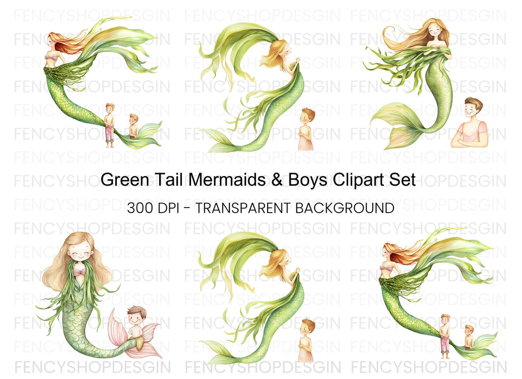 Green Mermaids and Human Kids Clipart Bundle